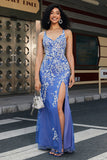 Trendy Mermaid V Neck Light Blue Long Ball Dress with Appliques Slit