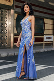 Trendy Mermaid V Neck Light Blue Long Ball Dress with Appliques Slit