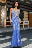 Trendy Mermaid V Neck Light Blue Long Ball Dress with Appliques Slit