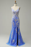 Mermaid V Neck Light Blue Long Ball Dress with Appliques Beading