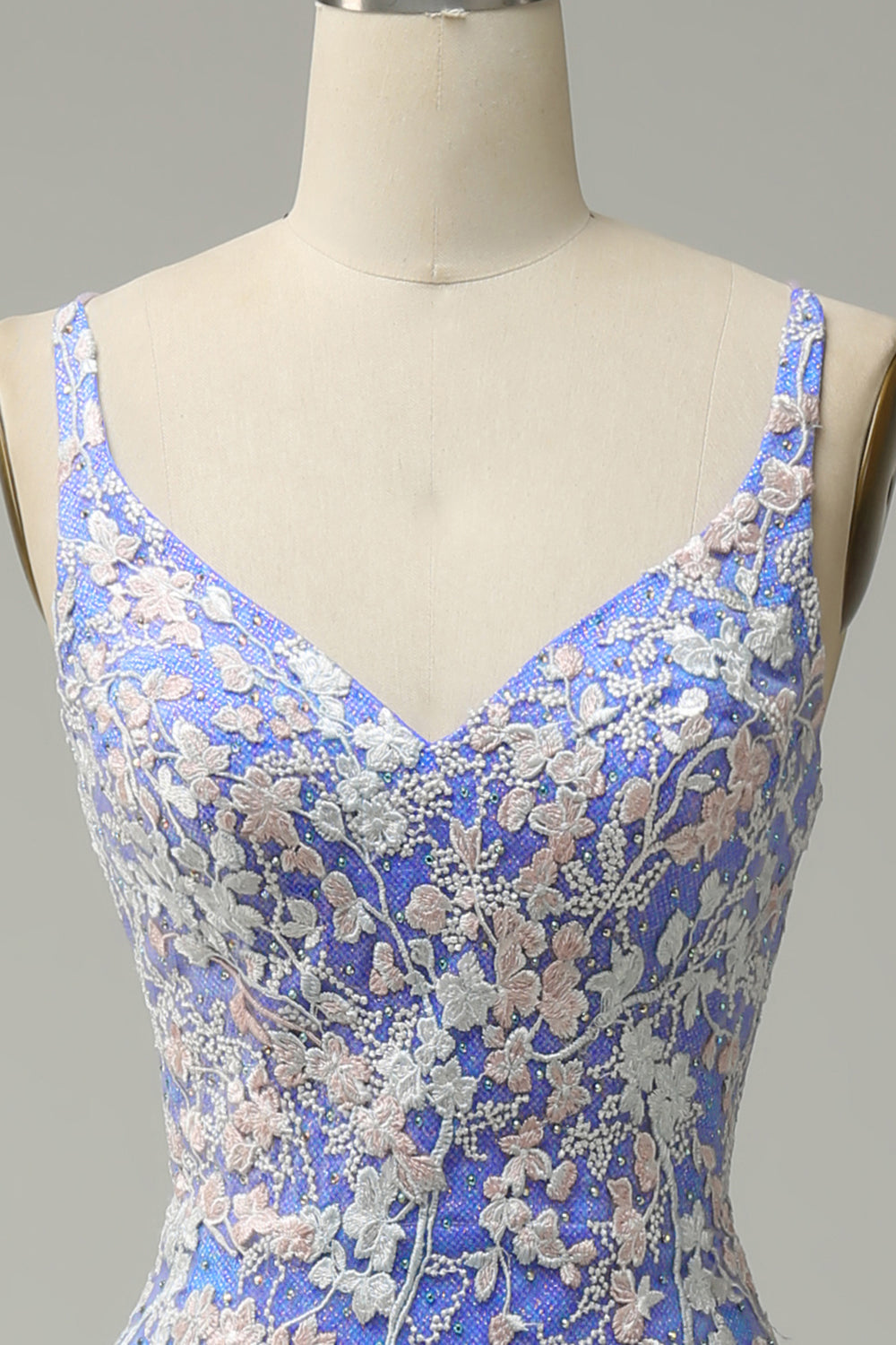 Mermaid V Neck Light Blue Long Ball Dress with Appliques Beading