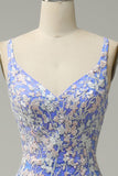 Mermaid V Neck Light Blue Long Ball Dress with Appliques Beading