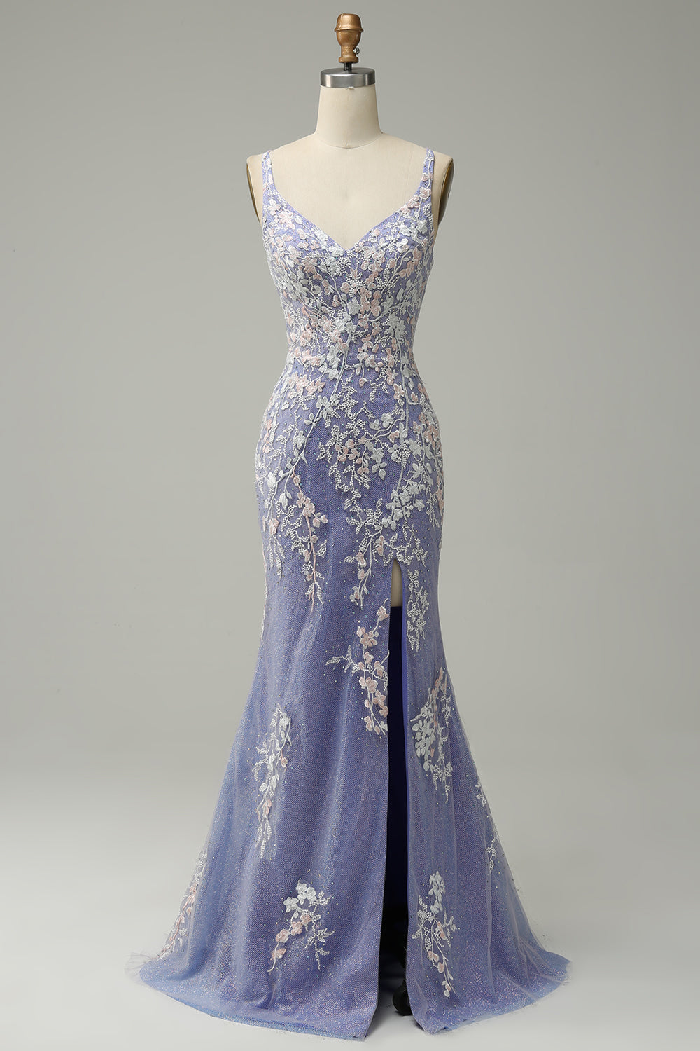 Mermaid V Neck Light Blue Long Ball Dress with Appliques Beading