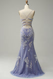 Mermaid V Neck Light Blue Long Ball Dress with Appliques Beading