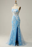 Mermaid Spaghetti Straps Blue Long Ball Dress with Appliques