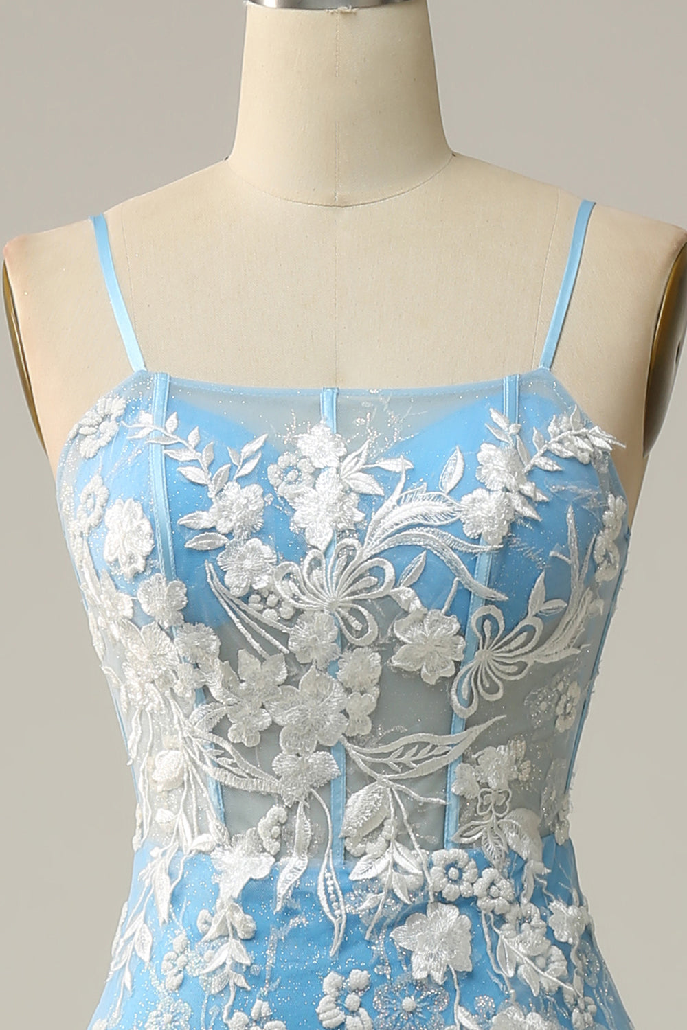Mermaid Spaghetti Straps Blue Long Ball Dress with Appliques