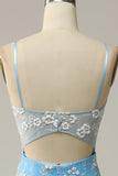 Mermaid Spaghetti Straps Blue Long Ball Dress with Appliques