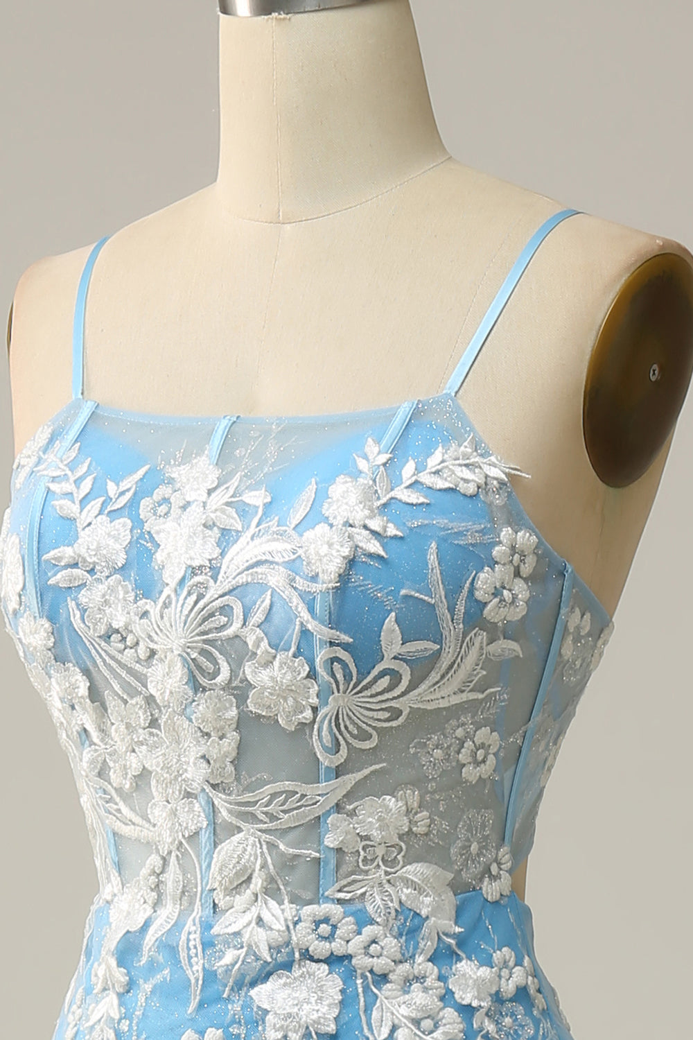 Mermaid Spaghetti Straps Blue Long Ball Dress with Appliques