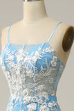 Mermaid Spaghetti Straps Blue Long Ball Dress with Appliques