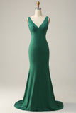 Mermaid V Neck Green Long Ball Dress with Beading