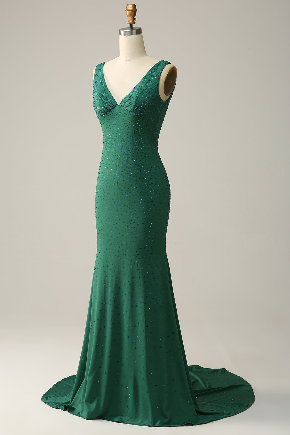 Mermaid V Neck Green Long Ball Dress with Beading