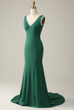 Mermaid V Neck Green Long Ball Dress with Beading