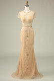 Luxurious Mermaid Jewel Neck Champagne Ball Dress with Beading