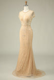 Luxurious Mermaid Jewel Neck Champagne Ball Dress with Beading
