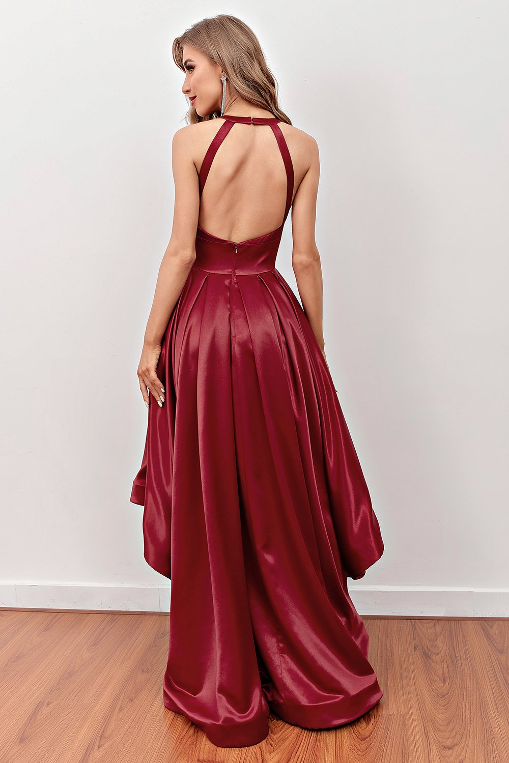 Burgundy High-Low Formal Party Dress with Pockets