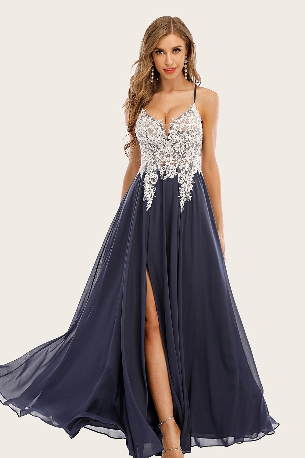 White-Navy Appliqued V-Neck Split Long Empire Ball Dress