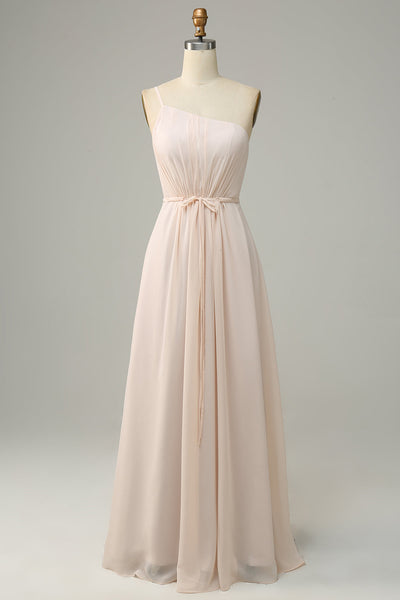 Zapaka Women Champagne Long Bridesmaid Dress One Shoulder Sleeveless Formal  Dress  ZAPAKA NZ