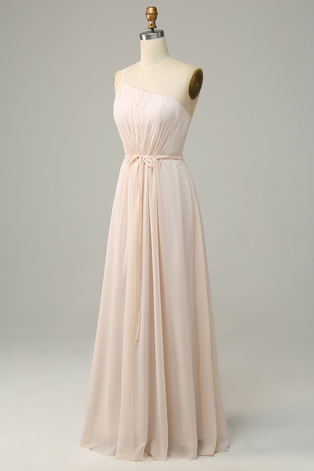 One Shoulder Sleeveless Champagne Long Bridesmaid Dress