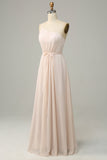 One Shoulder Sleeveless Champagne Long Bridesmaid Dress