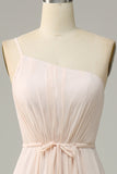 One Shoulder Sleeveless Champagne Long Bridesmaid Dress