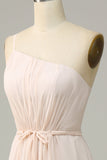 One Shoulder Sleeveless Champagne Long Bridesmaid Dress