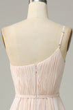 One Shoulder Sleeveless Champagne Long Bridesmaid Dress