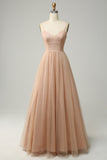 Champagne A Line Spaghetti Straps Long Ball Dress