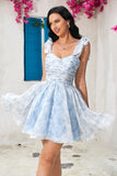 Cute A Line Spaghetti Straps Blue Printed Short Cocktail Dress