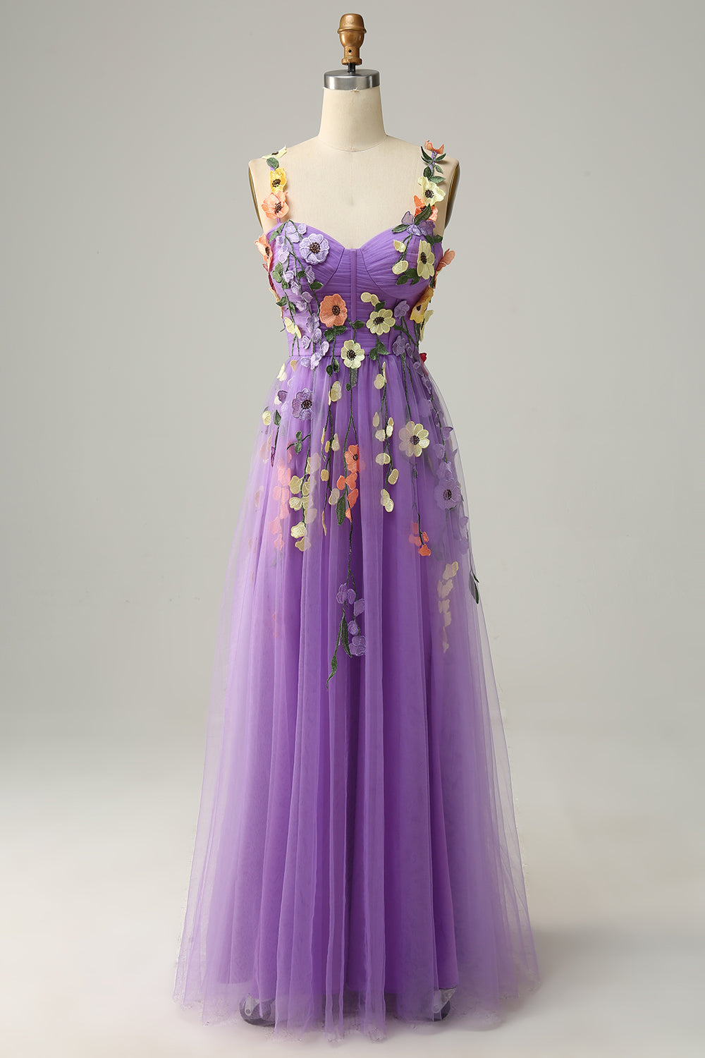 Champagne A Line Spaghetti Straps Tulle Ball Dress With 3D Flowers
