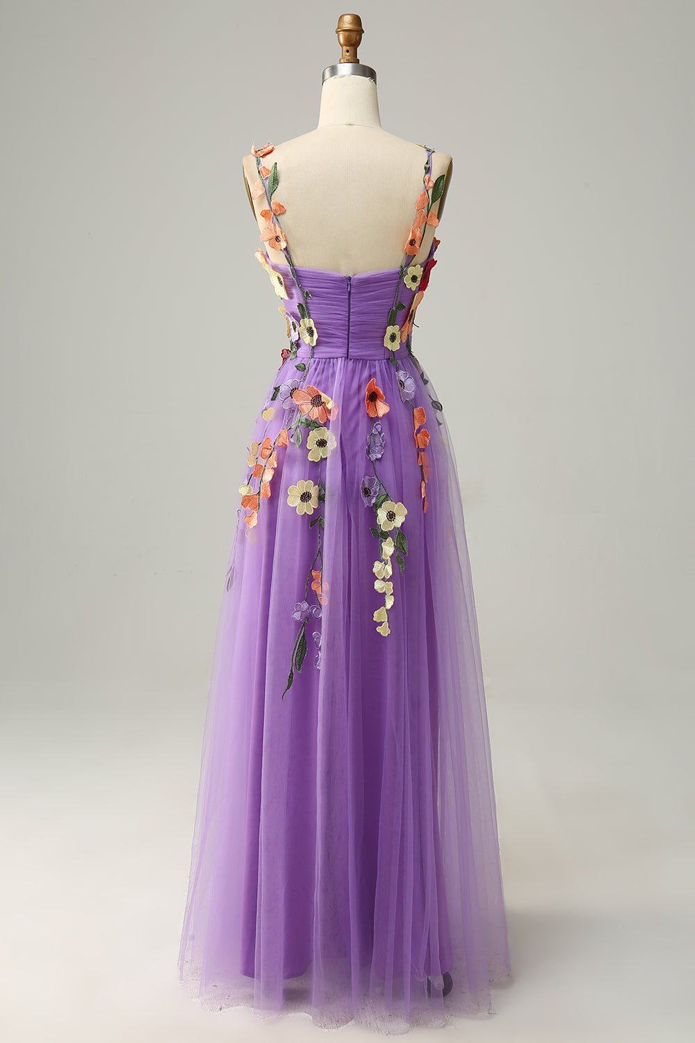 Champagne A Line Spaghetti Straps Tulle Ball Dress With 3D Flowers