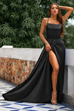 A-Line Spaghetti Straps Backless Long Satin Ball Dress with Slit