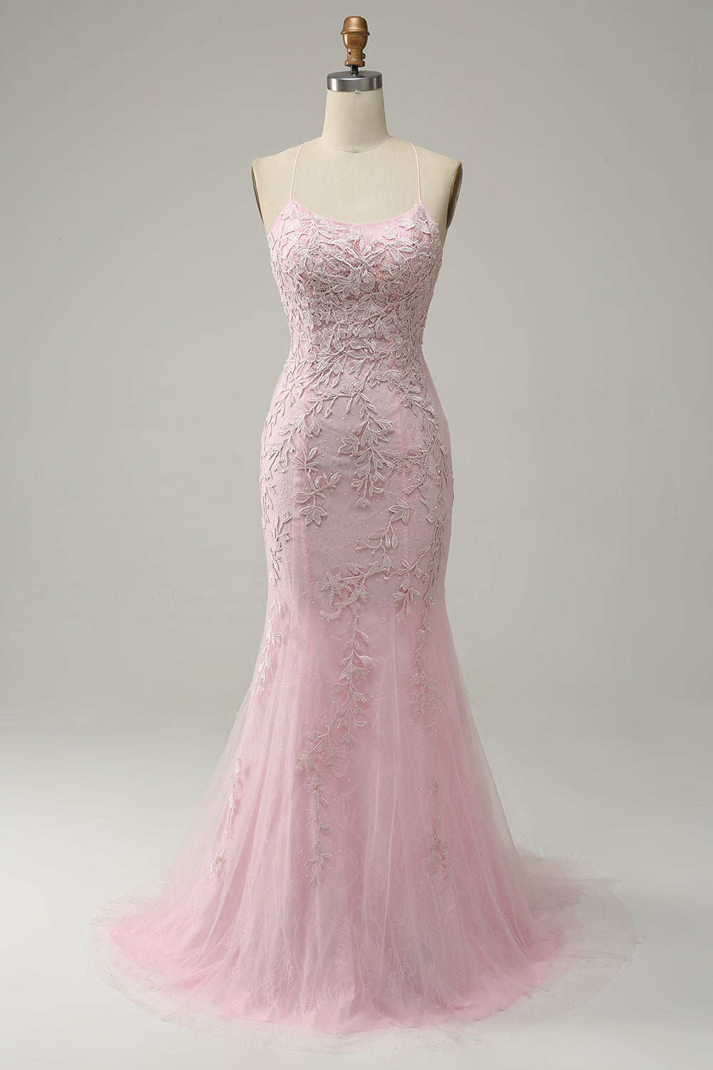 Mermaid Spaghetti Straps Light Pink Long Ball Dress with Appliques