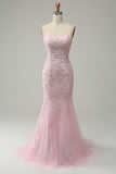 Mermaid Spaghetti Straps Light Pink Long Ball Dress with Appliques
