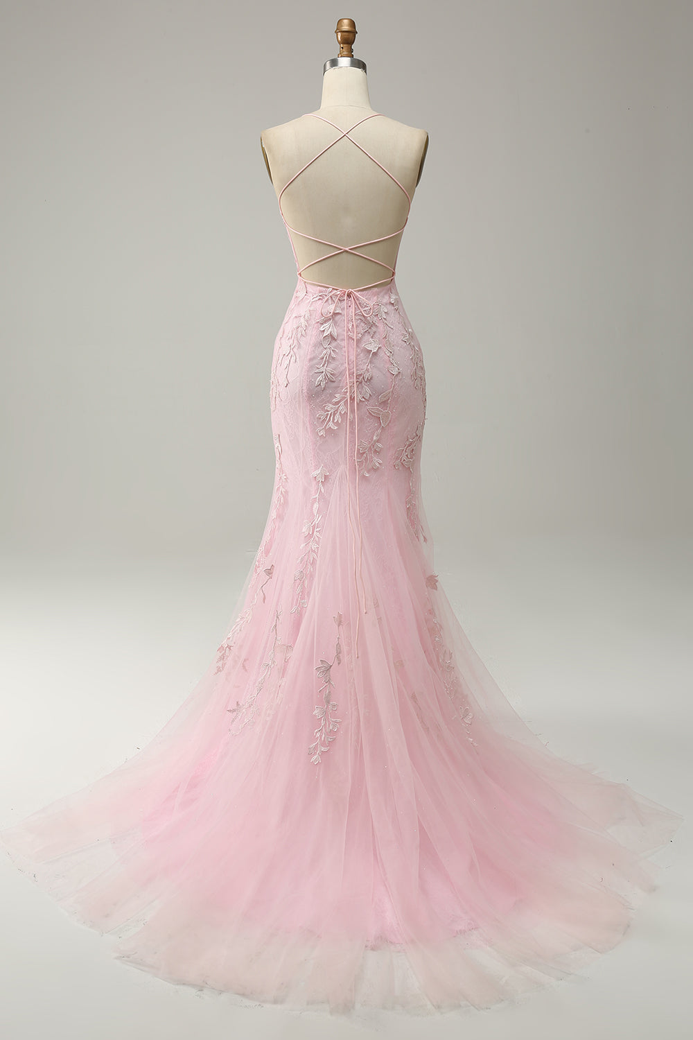 Mermaid Spaghetti Straps Light Pink Long Ball Dress with Appliques