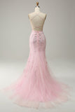 Mermaid Spaghetti Straps Light Pink Long Ball Dress with Appliques