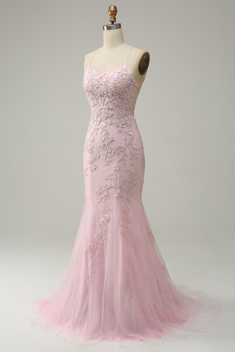 Mermaid Spaghetti Straps Light Pink Long Ball Dress with Appliques