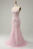 Mermaid Spaghetti Straps Light Pink Long Ball Dress with Appliques