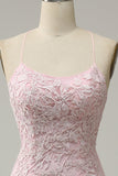 Mermaid Spaghetti Straps Light Pink Long Ball Dress with Appliques
