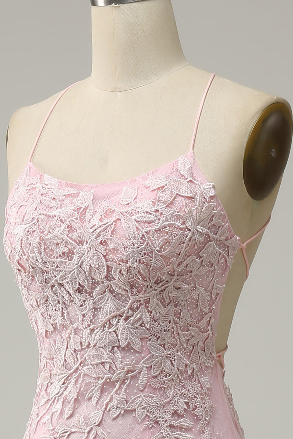 Mermaid Spaghetti Straps Light Pink Long Ball Dress with Appliques
