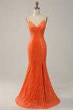 Mermaid Spaghetti Straps Orange Sequins Ball Dress with Split Front