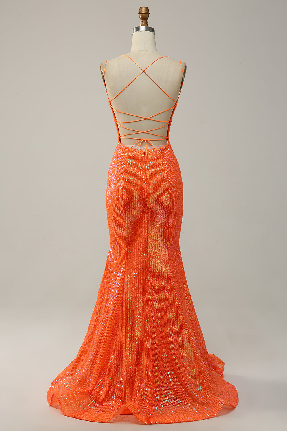 Sparkly Mermaid Spaghetti Straps Orange Sequins Ball Dress with Split Front
