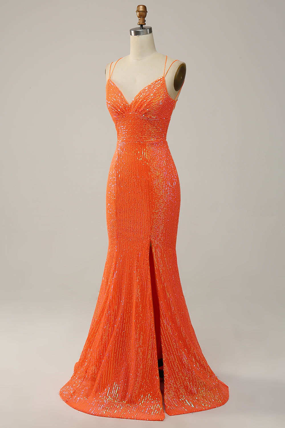 Mermaid Spaghetti Straps Orange Sequins Ball Dress with Split Front
