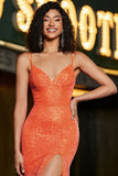 Sparkly Mermaid Spaghetti Straps Orange Sequins Ball Dress with Split Front