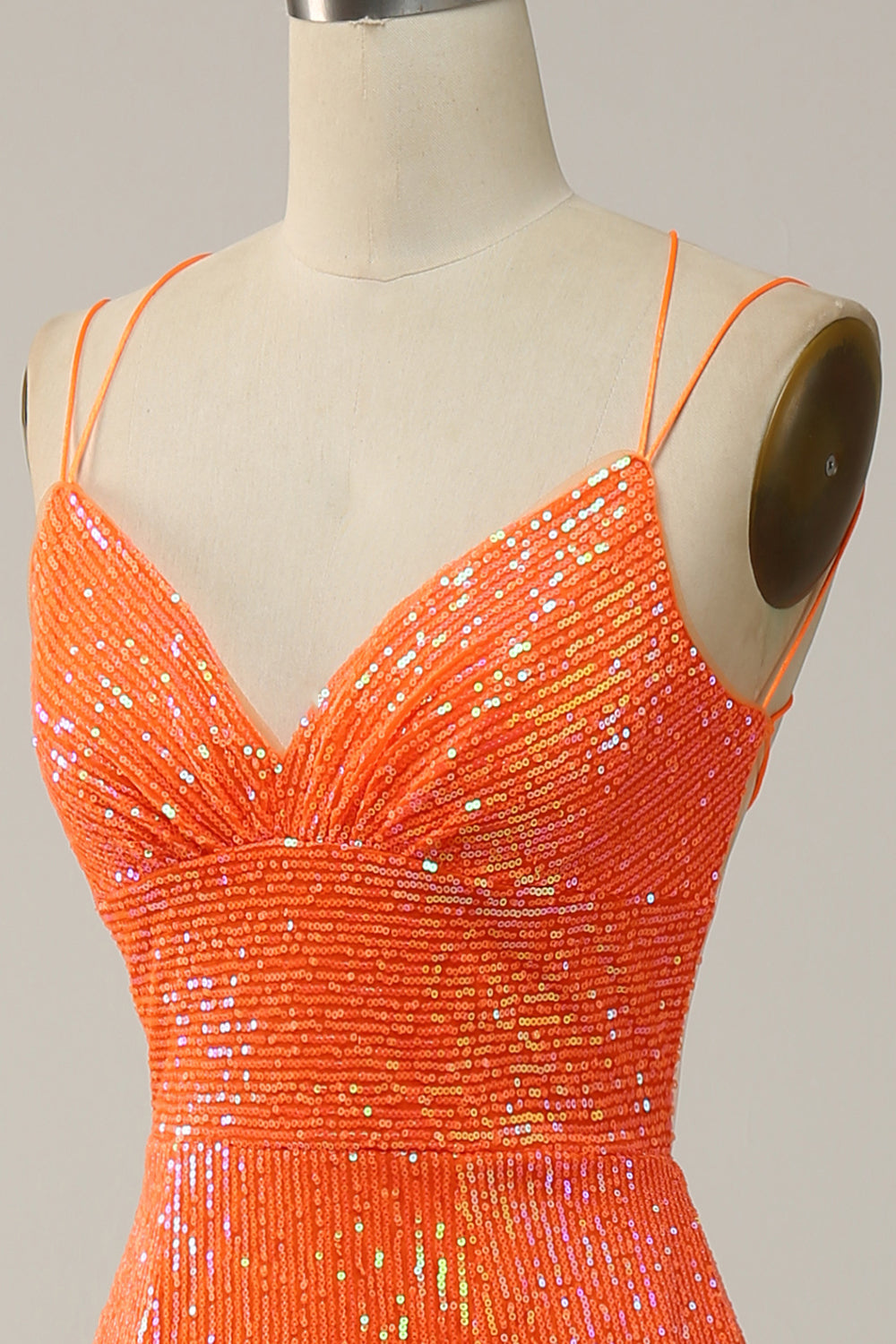 Mermaid Spaghetti Straps Orange Sequins Ball Dress with Split Front