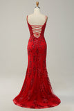 Mermaid Spaghetti Straps Royal Blue Sequins Long Ball Dress with Split Front