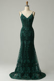 Mermaid Spaghetti Straps Peacock Green Ball Dress with Appliques
