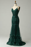 Mermaid Spaghetti Straps Peacock Green Ball Dress with Appliques