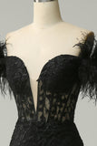 Off the Shoulder Black Mermaid Ball Dress with Feathers