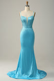 Mermaid Spaghetti Straps Sequins Blue Ball Dress with Beading