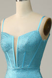 Mermaid Spaghetti Straps Sequins Blue Ball Dress with Beading